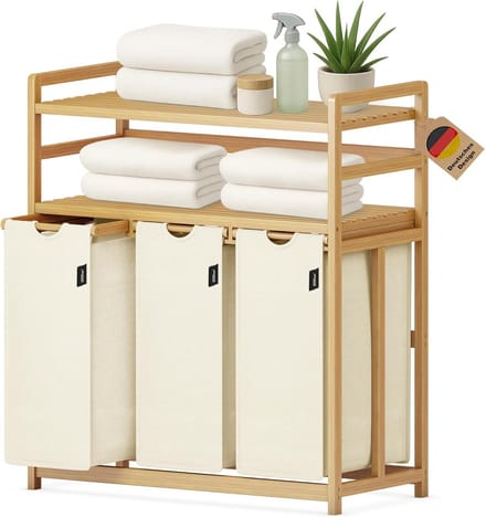 Wasmand Met Vakken - Sorteren Kleding - Laundry Sorteren - Dubbel Legbord Ontwerp - 148 Liter - Beige