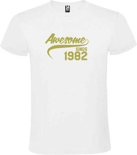 Wit T-shirt ‘Awesome Sinds 1982’ Goud Maat M