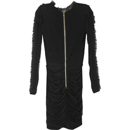 Balmain Zwarte Viscose Met Rimpelige Tule Accentuerende V-Hals Lange Mouwen Mini Jurk