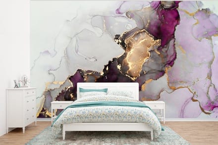 Behang - Fotobehang Marmer - Abstract - Goud - Paars - Breedte 295 cm x hoogte 220 cm