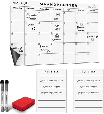 Huysplan® - A4 Maandplanner - Zelf plakkend - Sticky planner - Inclusief pennen en wisser