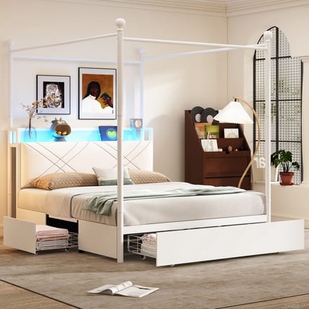 Sweiko Hemelbed - 140 x 190 cm - LED-verlichting - USB/Type-C - 3 lades - Wit