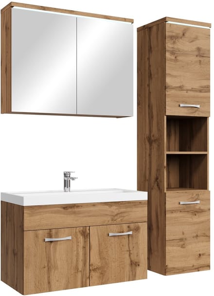 Badplaats Badkamermeubel Set Paso 80 x 40 cm – Eiken – Badmeubel met Spiegelkast en Zijkast