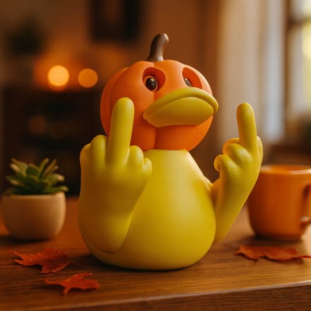 AnimalsAttitude – Kleine Pompoen Eend met Middelvinger – 3D-geprint Halloween Beeldje – Whimsical Home Accessory