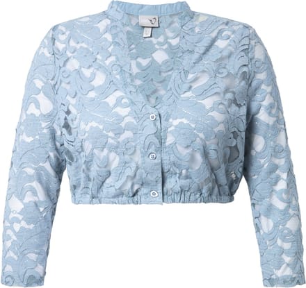 Ulla Popken - Dames - Dirndl blouse kant V-hals 3/4-mouw elastische zoom - Licht turkoois - Maat 58