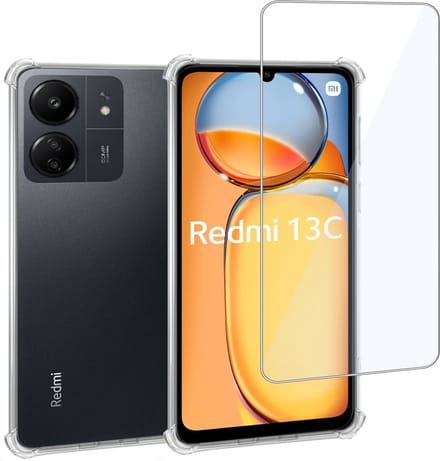 Hoesje + Screenprotector geschikt voor Xiaomi Redmi 13C – Gehard Glas Cover + Shock Proof Case – Transparant