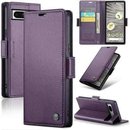 CaseMe Wallet Case met RFID Bescherming en Magneetsluiting + Glas Screenprotector voor Google Pixel 7a _ Paars