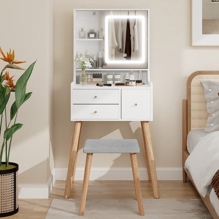 Puluomis - Kaptafel - LED Spiegel - Make-upstoel - Verplaatsbare spiegeldeur - 60x139x40cm - Wit