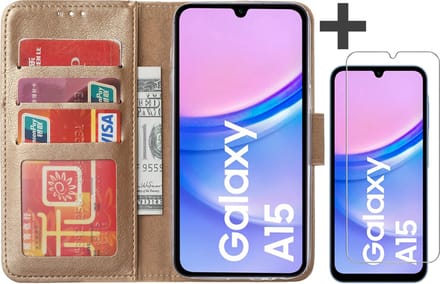 Hoesje met Screenprotector Geschikt voor Samsung Galaxy A15 – Arara bookcase met pasjeshouder - Goud