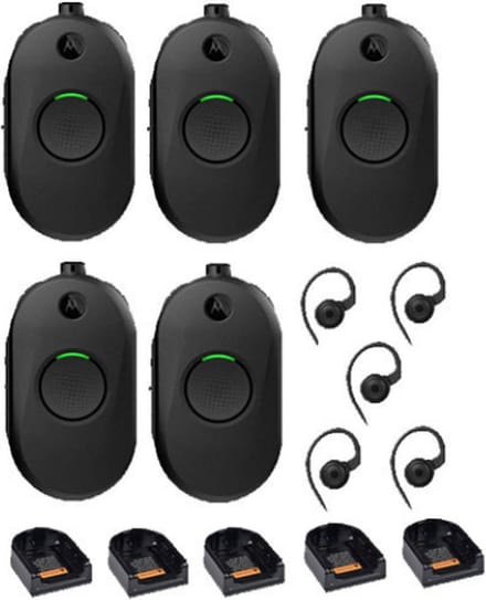 Set van 5 Motorola CLP446E Mini Portofoons met oortje en tafel lader