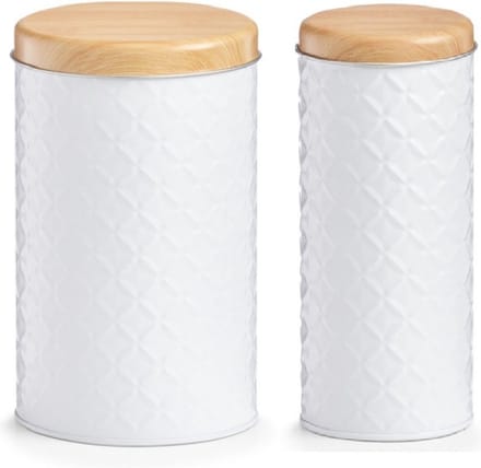 Zeller Keuken voorraadpotten set 2x - wit metaal - bamboe deksel - 1000/2000 ml inhoud