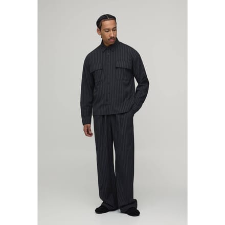 Pinstripe Oversized Shirt & Wide Leg Pleat Front Trouser Set | Charcoal | Size Medium