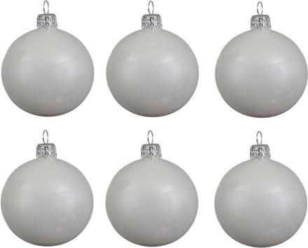 Decoris Kerstballen set - 6x stuks - wit - glas - 6 cm - glans - kerstversiering - zilveren ophanglintje