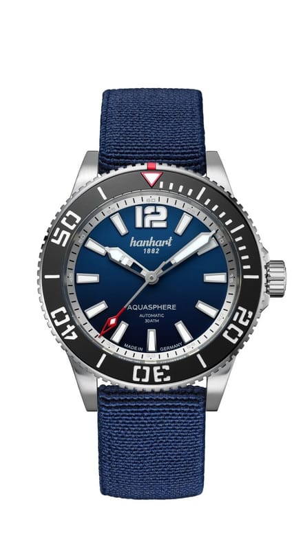Hanhart Aquasphere Ocean Fade - Horloge - zwarte rand lunette - blauwe hook strap band - 42 mm
