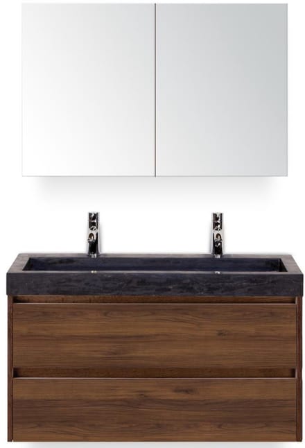 Dante Badmeubelset 100 cm - Walnoot - Wastafel Hardsteen Wit Lucca 2 Kraangaten met Spiegelkast