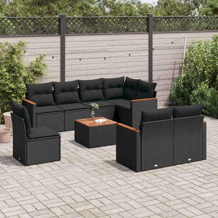 vidaXL - 9-delige - Loungeset - met - kussens - poly - rattan - zwart