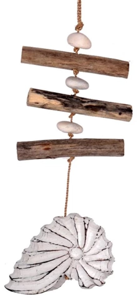 Windgong decoratieve hanger handgesneden houten schelp- kleur wit - drijfhout- ca 35-40cm