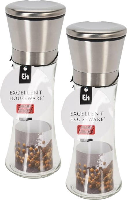 Excellent Houseware Pepermolen en zoutmolen - glas/rvs - Instelbare maalgraad - keramische maler