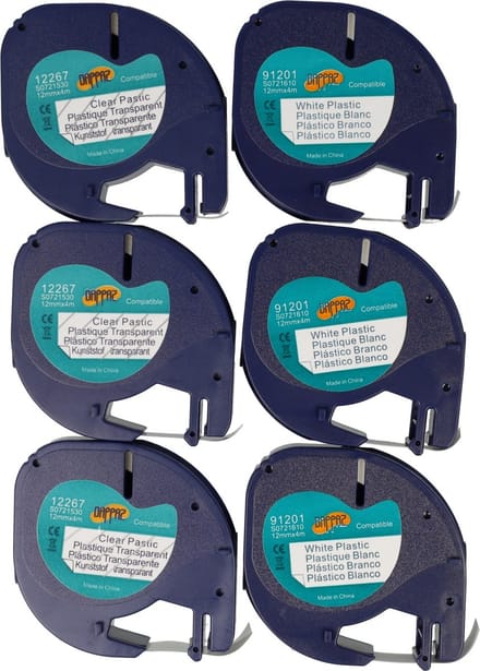 Dappaz - Dymo Compatible Label Tape 3x 91201 + 3x 12267 - Geschikt voor Dymo Letratag Labelprinter - 12 mm x 4 m - Label Printer