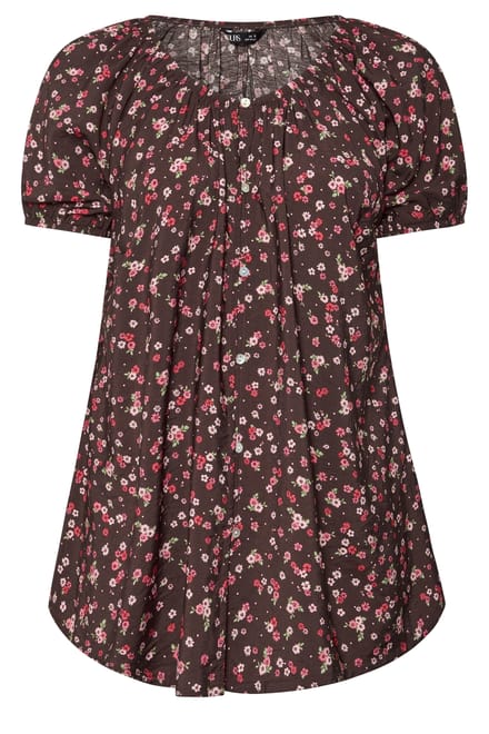 Yours Chocoladebruine Blouse Met Bloemenprint Size 66-68