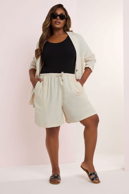 Yours Short Van Linnenmix Met Elastische Taille In Beige Size 58-60