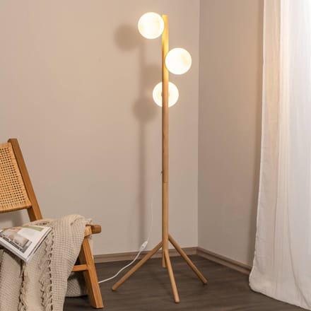 TK Lighting Estera vloerlamp, opaalglas, houten frame, 132 cm, 3-lamps