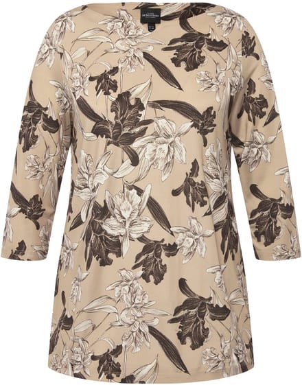 Ulla Popken - Dames - Slinky shirt A-lijn bootnek 3/4-mouwen - Beige - Maat 42+