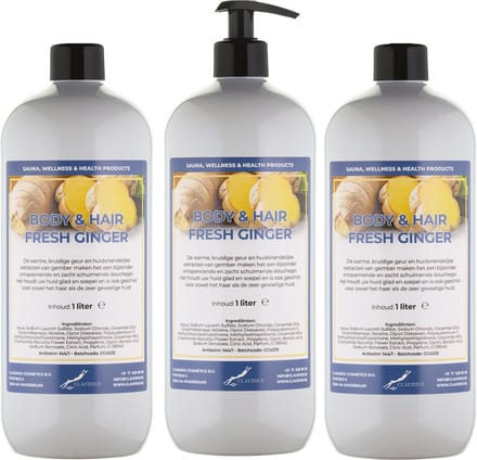 Body & Hair Fresh Ginger 1 Liter - met gratis pomp - set van 3 stuks - 2 in 1 voor lichaam en haar.