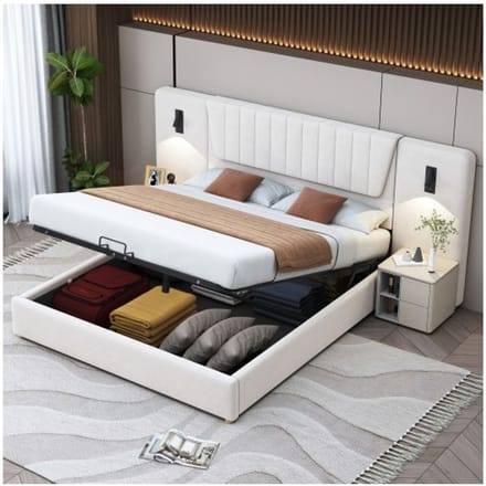 Lit rembourré - MUVOE - 180x200 cm - Beige - Dossier allongé - Lampes de lecture USB beige