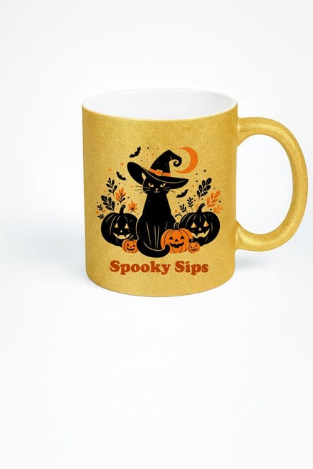 Gouden Halloween Mok - Spooky Sips met Zwarte Kat en Pompoenen