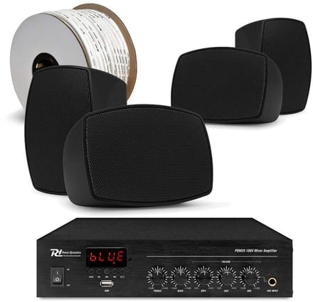 Power Dynamics complete buiten speaker set - 4x waterdichte mini speakers en 100V versterker - Zwart