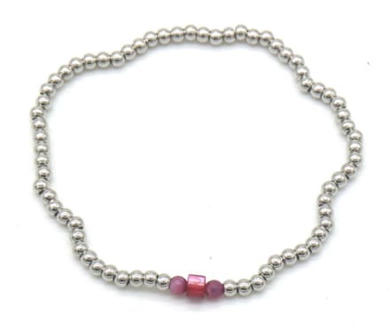 Armband Dames - Elastisch - Zilverkleurige Kralen RVS - Paarse Steen