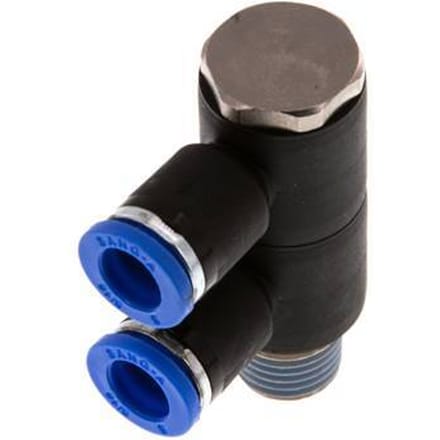 8mm x R1/4'' 2-way Manifold Messing/PA 66 Insteekfitting Buitendraad Draaibaar NBR