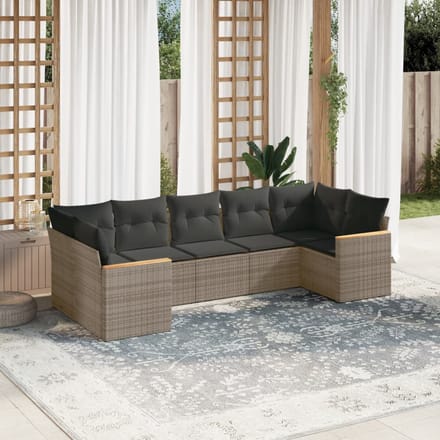 vidaXL - 7-delige - Loungeset - met - kussens - poly - rattan - grijs