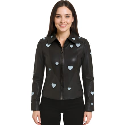 Dames zwarte leren bikerjack met hartjesmotief - Malta