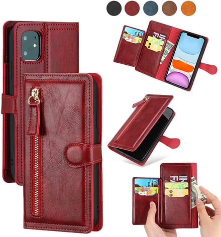 Bookcase Geschikt voor: iPhone 12 Pro Max met ritssluiting - Hoesje Flipcover - Magnetisch - 5 kaarten houder - Rood