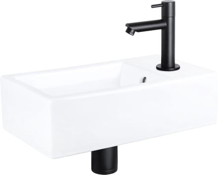 Differnz Force Fonteinset – Fonteinset Toilet 40x22x11,5 cm – Wasbak Keramiek Wit – Wastafel met Zwarte Fonteinkraan – Rechte Kraan en Standaard Greep voor Badkamer