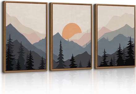 Set van 3 Ingelijste Canvas Schilderijen - Waterverf Berglandschap en Zonsondergang Kunstprints