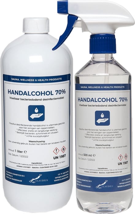 Handalcohol spray 70% - 1 liter met dop + 500 ml met spraykop