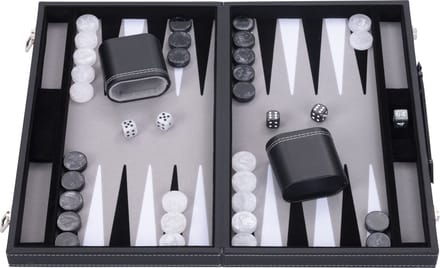 Backgammon 15 inch - Zwart, Wit & Grijs Ingelegd Bord - Kunstlederen Koffer met Handvat - Engelhart
