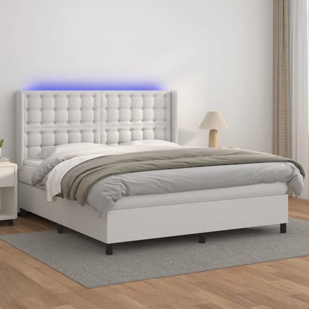 vidaXL - Boxspring - met - matras - en - LED - kunstleer - wit - 160x200 - cm
