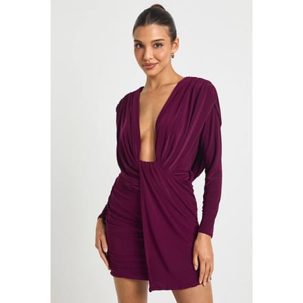 boohoo Dames Geruched Twist Voorkant Drapeer Detail Minijurk | Plum | Maat: 8