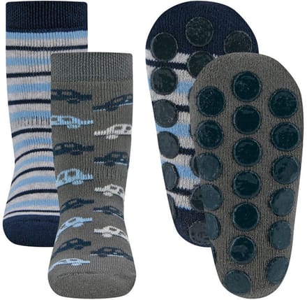 Antislipsokken Ewers - Set 2-Pack -Grijs/Blauw met Autos & Strepen - Elastisch - Noppenzool-31/34