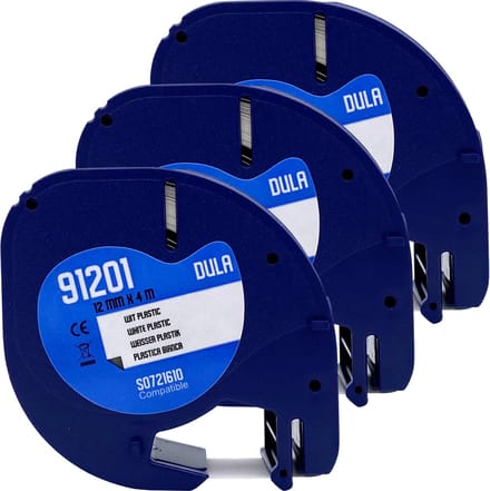 DULA - Dymo LetraTag 91201 - S0721610 - Label Tape - Zwart op Wit plastic - 12mm x 4m - 3 Stuks