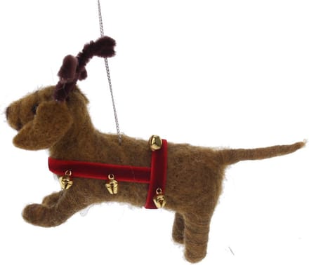 Hond met gewei/belletjes hangend vilt 4x14x10cm