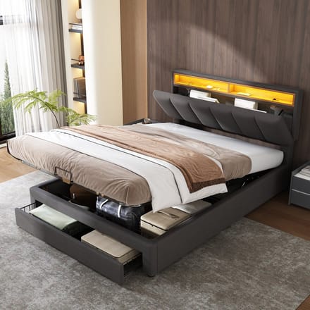 REDOM Ledikant 140x200 cm – MDF/linnen grijs – Met LED-hoofdbord & opbergruimte – Modern
