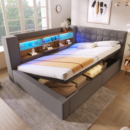MODFU – Gestoffeerd Bed met LED & Opbergruimte – 140x190 cm – L-Vormig Hoofdbord – Linnen – Grijs