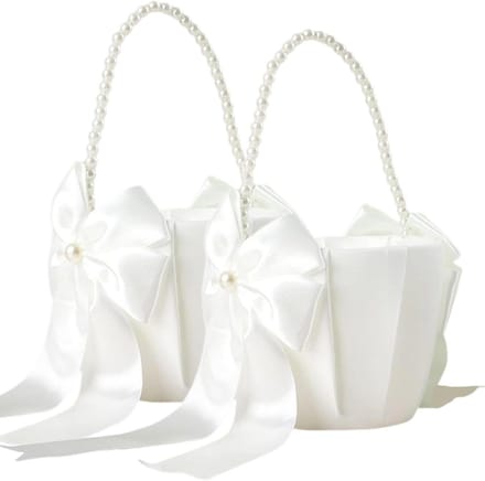 Bloemenmeisjesmanden set - Bruiloft mandjes - Bruiloft decoratie - Parel handvat - 22 cm - Wit
