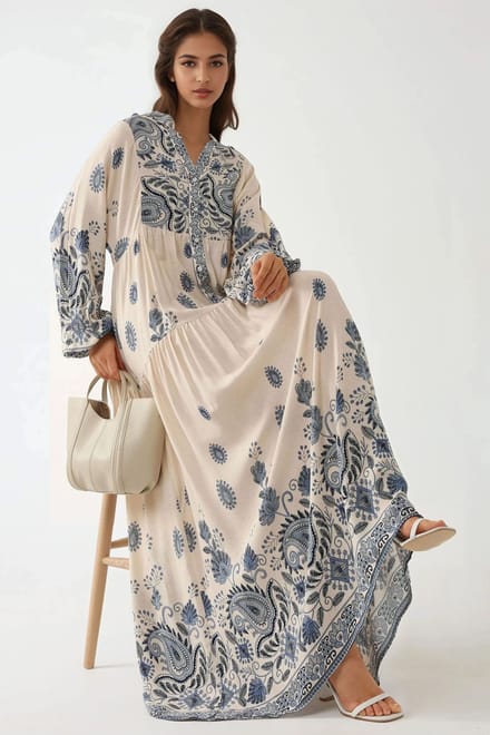 Geprinte V-hals Maxi Jurk met Knopdetail