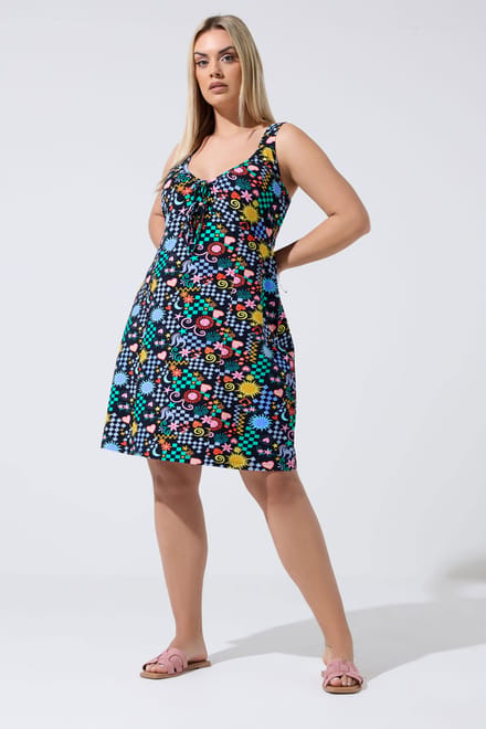 Limited Collection Zwarte Minijurk Met Gemixte Print Size 46